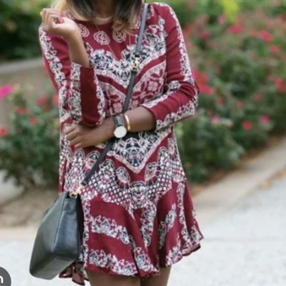 Free People M Smooth Talker Tunic Dress Red‎ Long Sleeve Boho Open Back